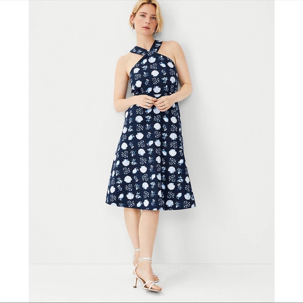 Ann Taylor NWT Navy Blue Seashell Print Halter Midi Flared Dress Linen Size 6